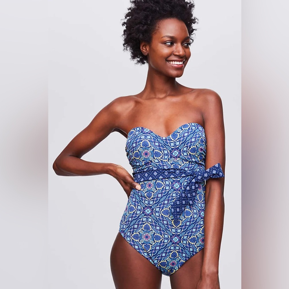 LOFT Beach Belted Printed Strapless One-Piece Swimsuit